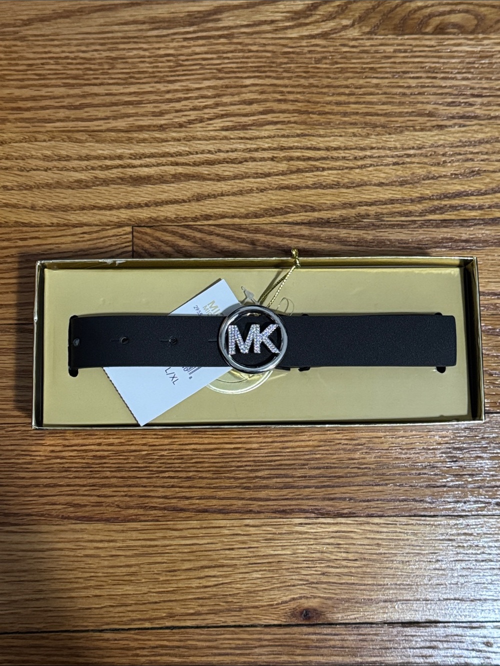 Michael Kors Black Leather Belt with MK Crystal Logo Buckle